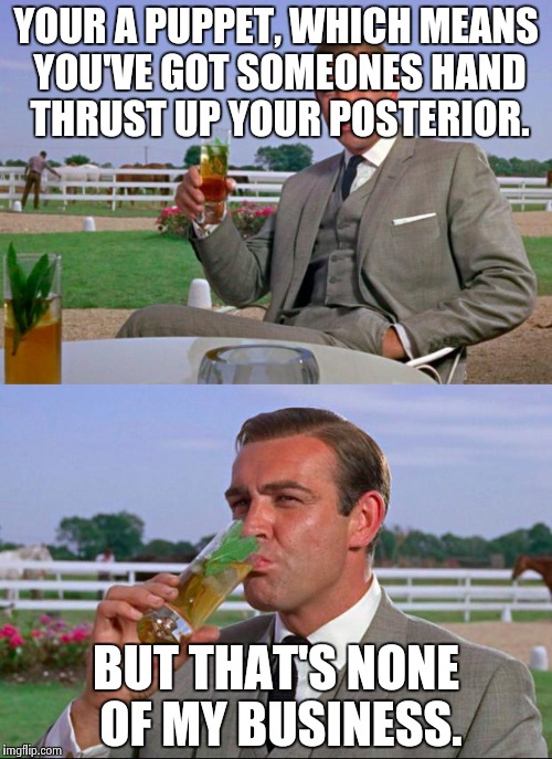 Sean Connery > Kermit | YOUR A PUPPET, WHICH MEANS YOU'VE GOT SOMEONES HAND THRUST UP YOUR POSTERIOR. BUT THAT'S NONE OF MY BUSINESS. | image tagged in sean connery  kermit | made w/ Imgflip meme maker
