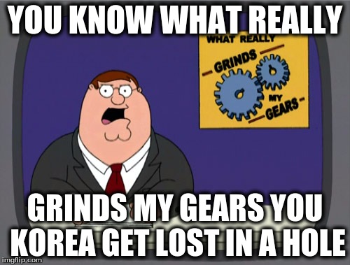 Peter Griffin News | YOU KNOW WHAT REALLY GRINDS MY GEARS YOU KOREA GET LOST IN A HOLE | image tagged in memes,peter griffin news | made w/ Imgflip meme maker