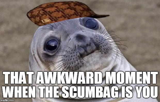 Awkward Moment Sealion Meme | THAT AWKWARD MOMENT WHEN THE SCUMBAG IS YOU | image tagged in memes,awkward moment sealion,scumbag | made w/ Imgflip meme maker