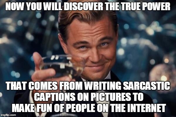 Leonardo Dicaprio Cheers Meme | NOW YOU WILL DISCOVER THE TRUE POWER THAT COMES FROM WRITING SARCASTIC CAPTIONS ON PICTURES TO MAKE FUN OF PEOPLE ON THE INTERNET | image tagged in memes,leonardo dicaprio cheers | made w/ Imgflip meme maker