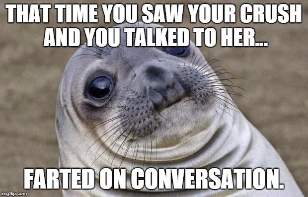Awkward Moment Sealion Meme | THAT TIME YOU SAW YOUR CRUSH AND YOU TALKED TO HER... FARTED ON CONVERSATION. | image tagged in memes,awkward moment sealion | made w/ Imgflip meme maker