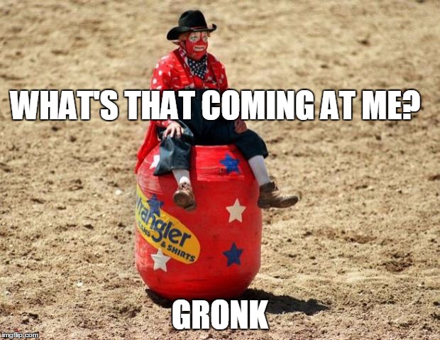 Rodeo Clown | WHAT'S THAT COMING AT ME? GRONK | image tagged in rodeo clown | made w/ Imgflip meme maker