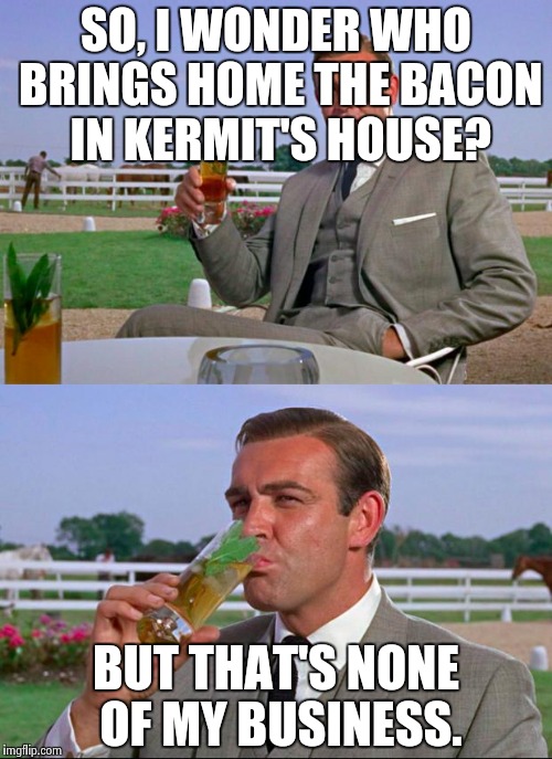 Sean Connery > Kermit | SO, I WONDER WHO BRINGS HOME THE BACON IN KERMIT'S HOUSE? BUT THAT'S NONE OF MY BUSINESS. | image tagged in sean connery  kermit | made w/ Imgflip meme maker