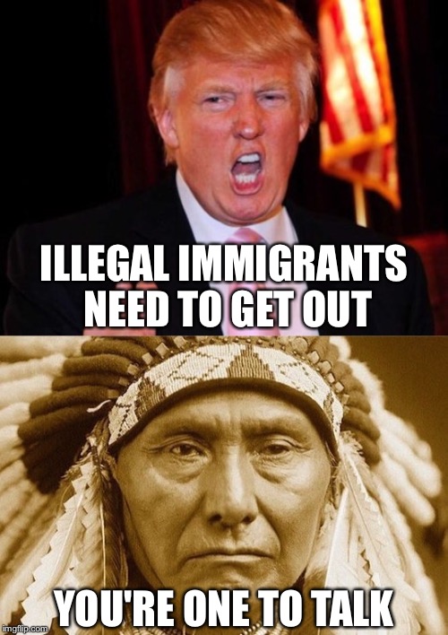   | ILLEGAL IMMIGRANTS NEED TO GET OUT YOU'RE ONE TO TALK | image tagged in donald trump and native american,memes,trump,donald trump | made w/ Imgflip meme maker