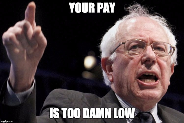 Bernie Sanders | YOUR PAY IS TOO DAMN LOW | image tagged in bernie sanders | made w/ Imgflip meme maker