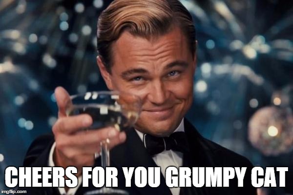 Leonardo Dicaprio Cheers Meme | CHEERS FOR YOU GRUMPY CAT | image tagged in memes,leonardo dicaprio cheers | made w/ Imgflip meme maker