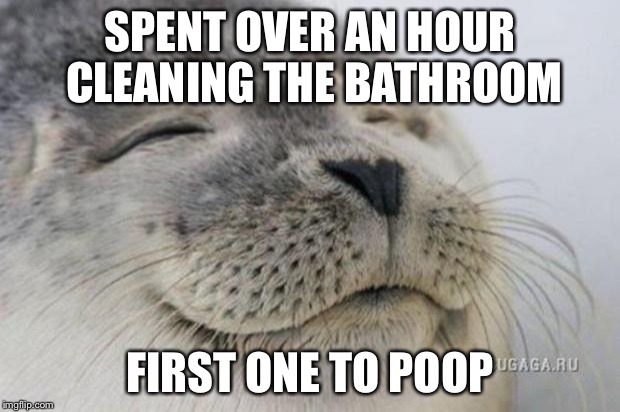 Happy Seal | SPENT OVER AN HOUR CLEANING THE BATHROOM FIRST ONE TO POOP | image tagged in happy seal | made w/ Imgflip meme maker
