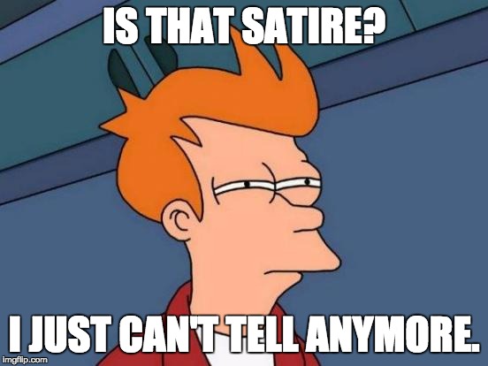 Futurama Fry Meme | IS THAT SATIRE? I JUST CAN'T TELL ANYMORE. | image tagged in memes,futurama fry | made w/ Imgflip meme maker