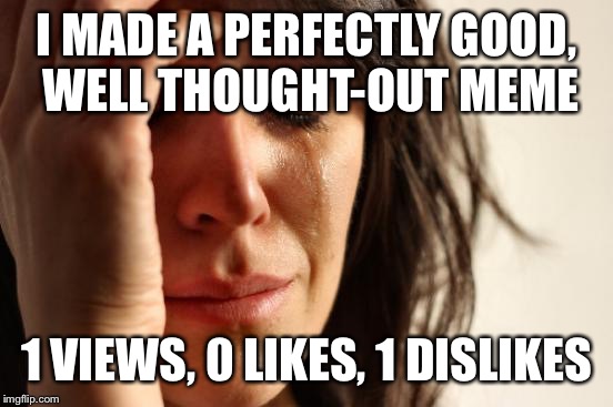 First World Problems | I MADE A PERFECTLY GOOD, WELL THOUGHT-OUT MEME 1 VIEWS, 0 LIKES, 1 DISLIKES | image tagged in memes,first world problems | made w/ Imgflip meme maker