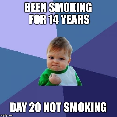 Success Kid | BEEN SMOKING FOR 14 YEARS DAY 20 NOT SMOKING | image tagged in memes,success kid,AdviceAnimals | made w/ Imgflip meme maker