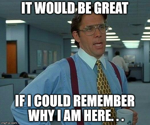 That Would Be Great | IT WOULD BE GREAT IF I COULD REMEMBER WHY I AM HERE. . . | image tagged in memes,that would be great | made w/ Imgflip meme maker