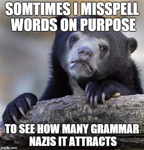 Confession Bear | SOMTIMES I MISSPELL WORDS ON PURPOSE TO SEE HOW MANY GRAMMAR NAZIS IT ATTRACTS | image tagged in memes,confession bear,grammar nazi | made w/ Imgflip meme maker