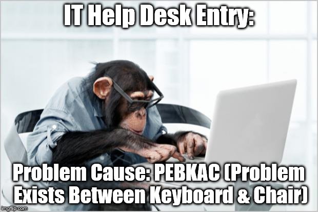 monkey-laptop | IT Help Desk Entry: Problem Cause: PEBKAC(Problem Exists Between Keyboard & Chair) | image tagged in monkey-laptop | made w/ Imgflip meme maker
