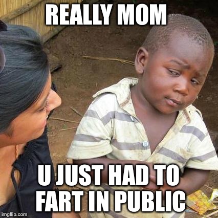 Third World Skeptical Kid | REALLY MOM U JUST HAD TO FART IN PUBLIC | image tagged in memes,third world skeptical kid | made w/ Imgflip meme maker