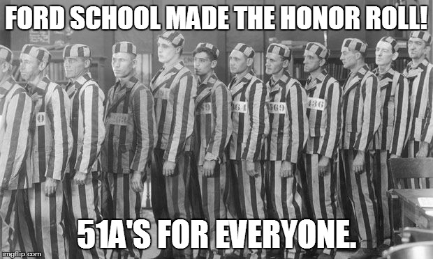 BREAKFAST BADGE OF HONOR | FORD SCHOOL MADE THE HONOR ROLL! 51A'S FOR EVERYONE. | image tagged in prison wear,breakfast,school | made w/ Imgflip meme maker