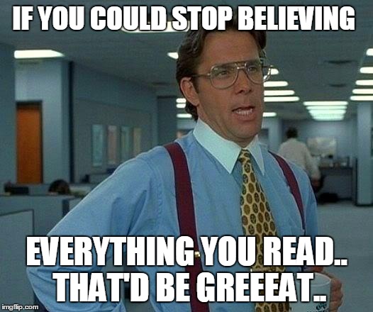 That Would Be Great | IF YOU COULD STOP BELIEVING EVERYTHING YOU READ.. THAT'D BE GREEEAT.. | image tagged in memes,that would be great | made w/ Imgflip meme maker