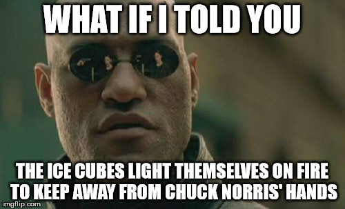 Matrix Morpheus Meme | WHAT IF I TOLD YOU THE ICE CUBES LIGHT THEMSELVES ON FIRE TO KEEP AWAY FROM CHUCK NORRIS' HANDS | image tagged in memes,matrix morpheus | made w/ Imgflip meme maker