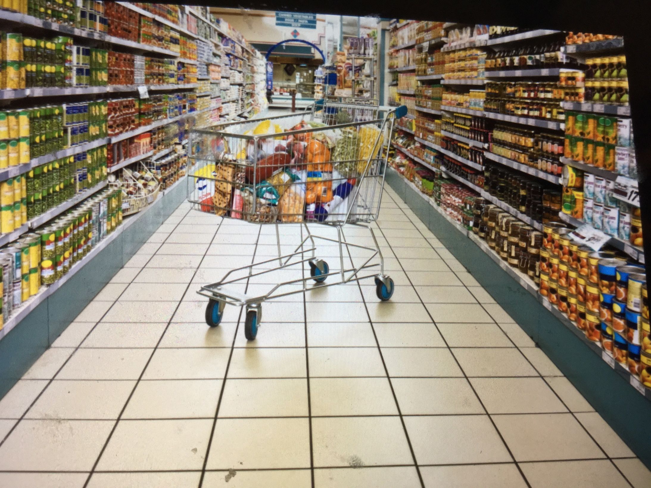 Grocery cart in aisle Blank Meme Template