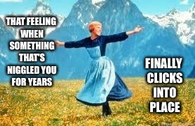 Look At All These | THAT FEELING WHEN SOMETHING THAT'S NIGGLED YOU FOR YEARS FINALLY CLICKS INTO PLACE | image tagged in memes,look at all these | made w/ Imgflip meme maker