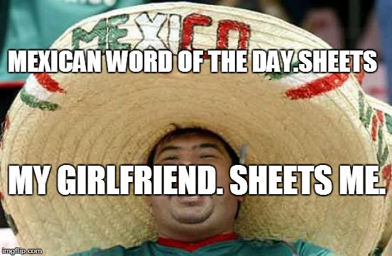 Happy Mexican | MEXICAN WORD OF THE DAY.SHEETS MY GIRLFRIEND. SHEETS ME. | image tagged in happy mexican | made w/ Imgflip meme maker