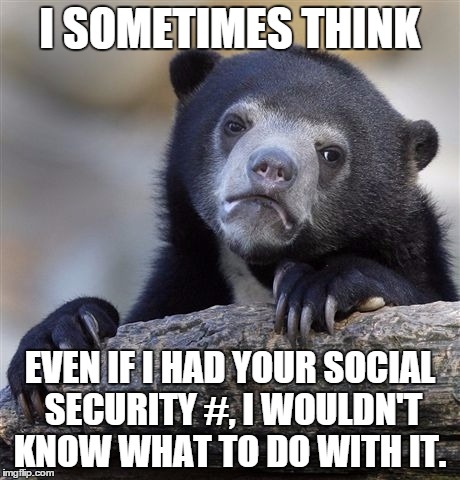 Confession Bear | I SOMETIMES THINK EVEN IF I HAD YOUR SOCIAL SECURITY #, I WOULDN'T KNOW WHAT TO DO WITH IT. | image tagged in memes,confession bear | made w/ Imgflip meme maker
