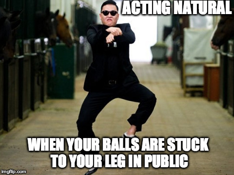 Psy Horse Dance Meme | ACTING NATURAL WHEN YOUR BALLS ARE STUCK TO YOUR LEG IN PUBLIC | image tagged in memes,psy horse dance | made w/ Imgflip meme maker