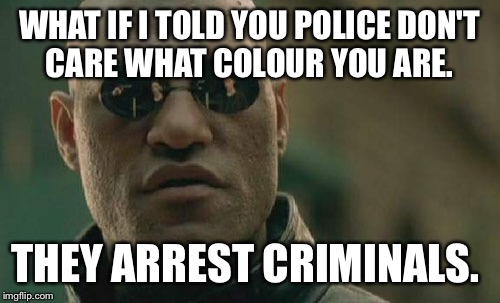 Matrix Morpheus Meme | WHAT IF I TOLD YOU POLICE DON'T CARE WHAT COLOUR YOU ARE. THEY ARREST CRIMINALS. | image tagged in memes,matrix morpheus | made w/ Imgflip meme maker