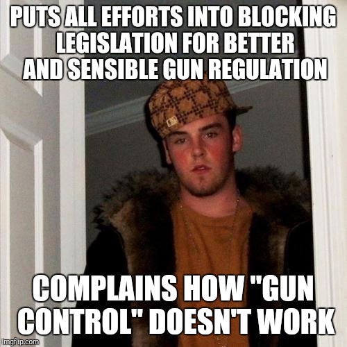 Gun Nuts Aren't Helping Anyone | PUTS ALL EFFORTS INTO BLOCKING LEGISLATION FOR BETTER AND SENSIBLE GUN REGULATION COMPLAINS HOW "GUN CONTROL" DOESN'T WORK | image tagged in scumbag steve,guns,gun control,idiots,conservatives | made w/ Imgflip meme maker