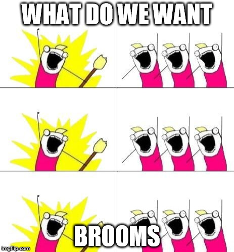 What do we want? | WHAT DO WE WANT BROOMS | image tagged in what do we want | made w/ Imgflip meme maker