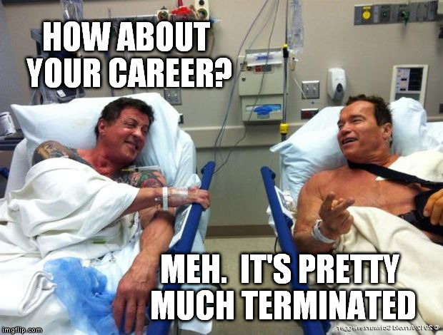 r n t | HOW ABOUT YOUR CAREER? MEH.  IT'S PRETTY MUCH TERMINATED | image tagged in r n t | made w/ Imgflip meme maker