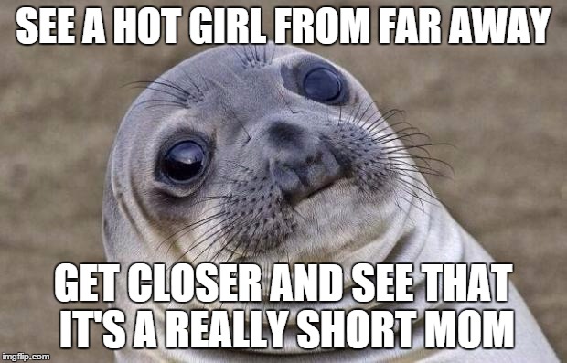 Awkward Moment Sealion Meme | SEE A HOT GIRL FROM FAR AWAY GET CLOSER AND SEE THAT IT'S A REALLY SHORT MOM | image tagged in memes,awkward moment sealion | made w/ Imgflip meme maker