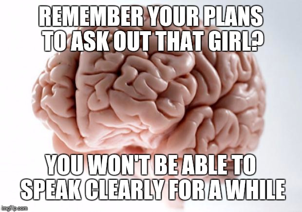 Scumbag Brain | REMEMBER YOUR PLANS TO ASK OUT THAT GIRL? YOU WON'T BE ABLE TO SPEAK CLEARLY FOR A WHILE | image tagged in scumbag brain,meme,funny,girl | made w/ Imgflip meme maker