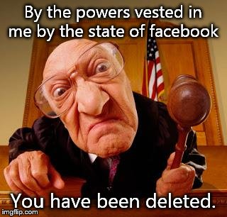 Mean Judge | By the powers vested in me by the state of facebook You have been deleted. | image tagged in mean judge,facebook | made w/ Imgflip meme maker