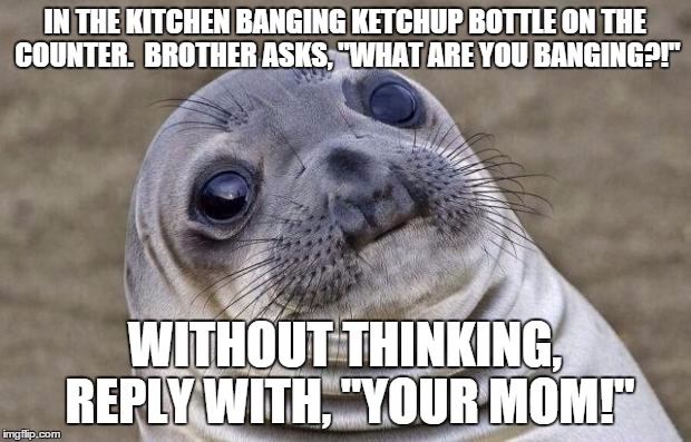 Awkward Moment Sealion | IN THE KITCHEN BANGING KETCHUP BOTTLE ON THE COUNTER.  BROTHER ASKS, "WHAT ARE YOU BANGING?!" WITHOUT THINKING, REPLY WITH, "YOUR MOM!" | image tagged in memes,awkward moment sealion,AdviceAnimals | made w/ Imgflip meme maker