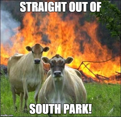 Evil Cows | STRAIGHT OUT OF SOUTH PARK! | image tagged in memes,evil cows | made w/ Imgflip meme maker