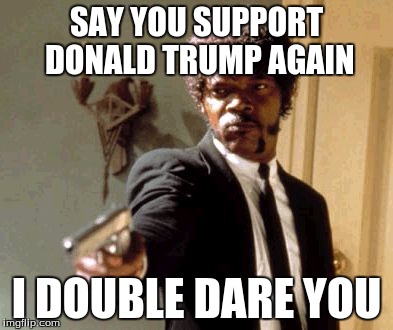 Say That Again I Dare You | SAY YOU SUPPORT DONALD TRUMP AGAIN I DOUBLE DARE YOU | image tagged in memes,say that again i dare you | made w/ Imgflip meme maker