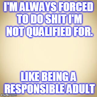 blank | I'M ALWAYS FORCED TO DO SHIT I'M NOT QUALIFIED FOR. LIKE BEING A RESPONSIBLE ADULT | image tagged in blank | made w/ Imgflip meme maker