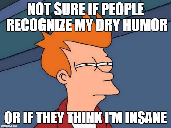 Futurama Fry Meme | NOT SURE IF PEOPLE RECOGNIZE MY DRY HUMOR OR IF THEY THINK I'M INSANE | image tagged in memes,futurama fry | made w/ Imgflip meme maker