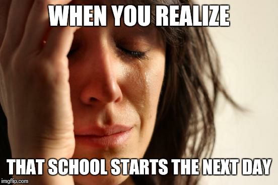 First World Problems Meme | WHEN YOU REALIZE THAT SCHOOL STARTS THE NEXT DAY | image tagged in memes,first world problems | made w/ Imgflip meme maker