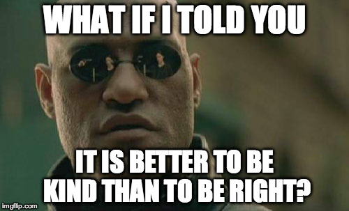 Matrix Morpheus Meme | WHAT IF I TOLD YOU IT IS BETTER TO BE KIND THAN TO BE RIGHT? | image tagged in memes,matrix morpheus | made w/ Imgflip meme maker