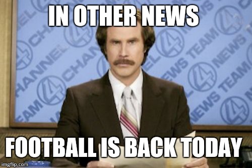 WELCOME BACK, FOOTBALL!!!!! | IN OTHER NEWS FOOTBALL IS BACK TODAY | image tagged in memes,ron burgundy,football,nfl,funny,funny memes | made w/ Imgflip meme maker