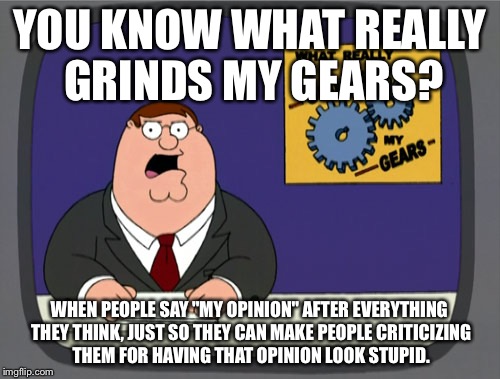 Peter Griffin News | YOU KNOW WHAT REALLY GRINDS MY GEARS? WHEN PEOPLE SAY "MY OPINION" AFTER EVERYTHING THEY THINK, JUST SO THEY CAN MAKE PEOPLE CRITICIZING THE | image tagged in memes,peter griffin news | made w/ Imgflip meme maker
