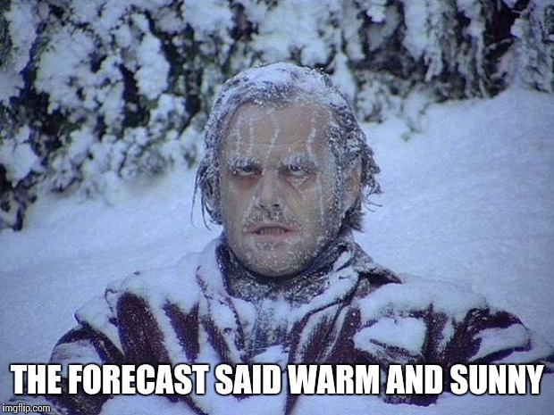 Jack Nicholson The Shining Snow | THE FORECAST SAID WARM AND SUNNY | image tagged in memes,jack nicholson the shining snow | made w/ Imgflip meme maker