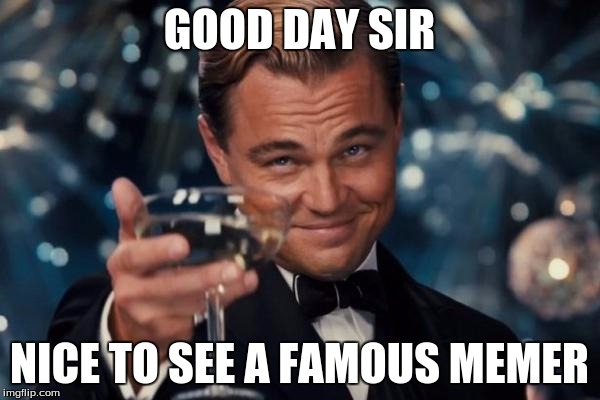 Leonardo Dicaprio Cheers Meme | GOOD DAY SIR NICE TO SEE A FAMOUS MEMER | image tagged in memes,leonardo dicaprio cheers | made w/ Imgflip meme maker