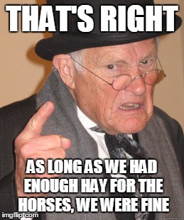 Back In My Day Meme | THAT'S RIGHT AS LONG AS WE HAD ENOUGH HAY FOR THE HORSES, WE WERE FINE | image tagged in memes,back in my day | made w/ Imgflip meme maker