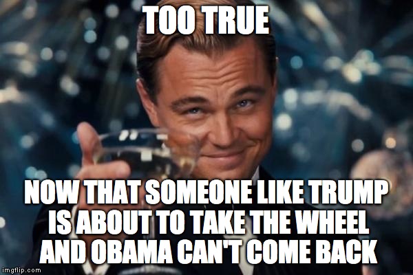 Leonardo Dicaprio Cheers Meme | TOO TRUE NOW THAT SOMEONE LIKE TRUMP IS ABOUT TO TAKE THE WHEEL AND OBAMA CAN'T COME BACK | image tagged in memes,leonardo dicaprio cheers | made w/ Imgflip meme maker