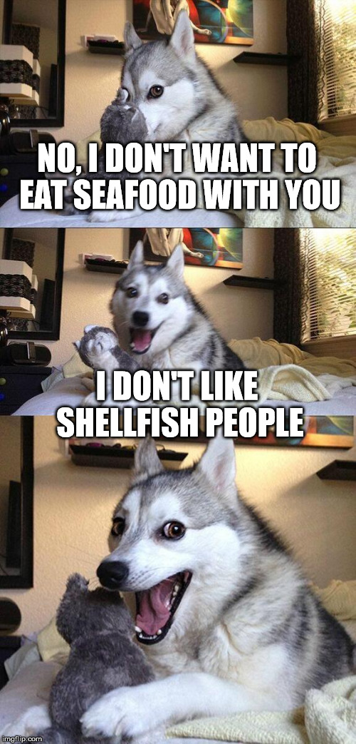 Bad Pun Dog Meme | NO, I DON'T WANT TO EAT SEAFOOD WITH YOU I DON'T LIKE SHELLFISH PEOPLE | image tagged in memes,bad pun dog | made w/ Imgflip meme maker