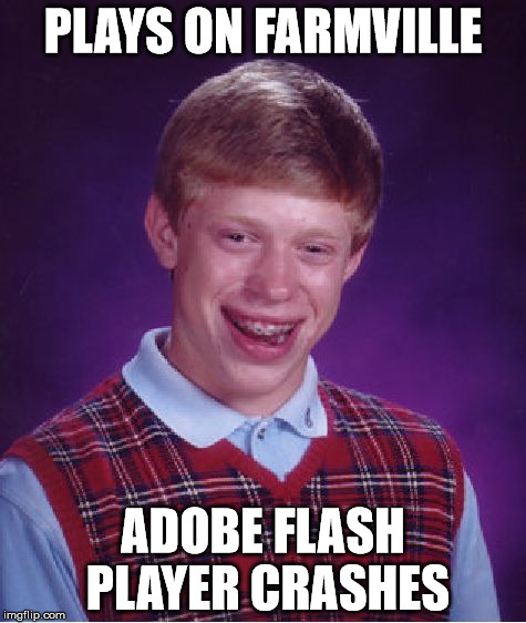 Bad Luck Brian | PLAYS ON FARMVILLE ADOBE FLASH PLAYER CRASHES | image tagged in memes,bad luck brian | made w/ Imgflip meme maker
