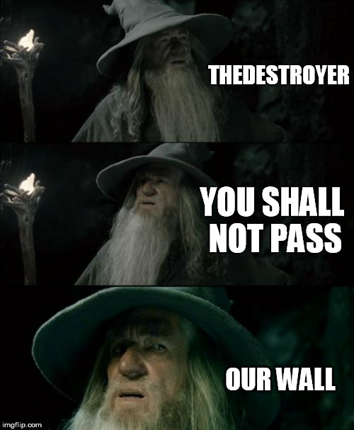 Confused Gandalf Meme | THEDESTROYER YOU SHALL NOT PASS OUR WALL | image tagged in memes,confused gandalf | made w/ Imgflip meme maker