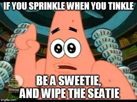 Patrick Says | IF YOU SPRINKLE WHEN YOU TINKLE BE A SWEETIE, AND WIPE THE SEATIE | image tagged in memes,patrick says | made w/ Imgflip meme maker